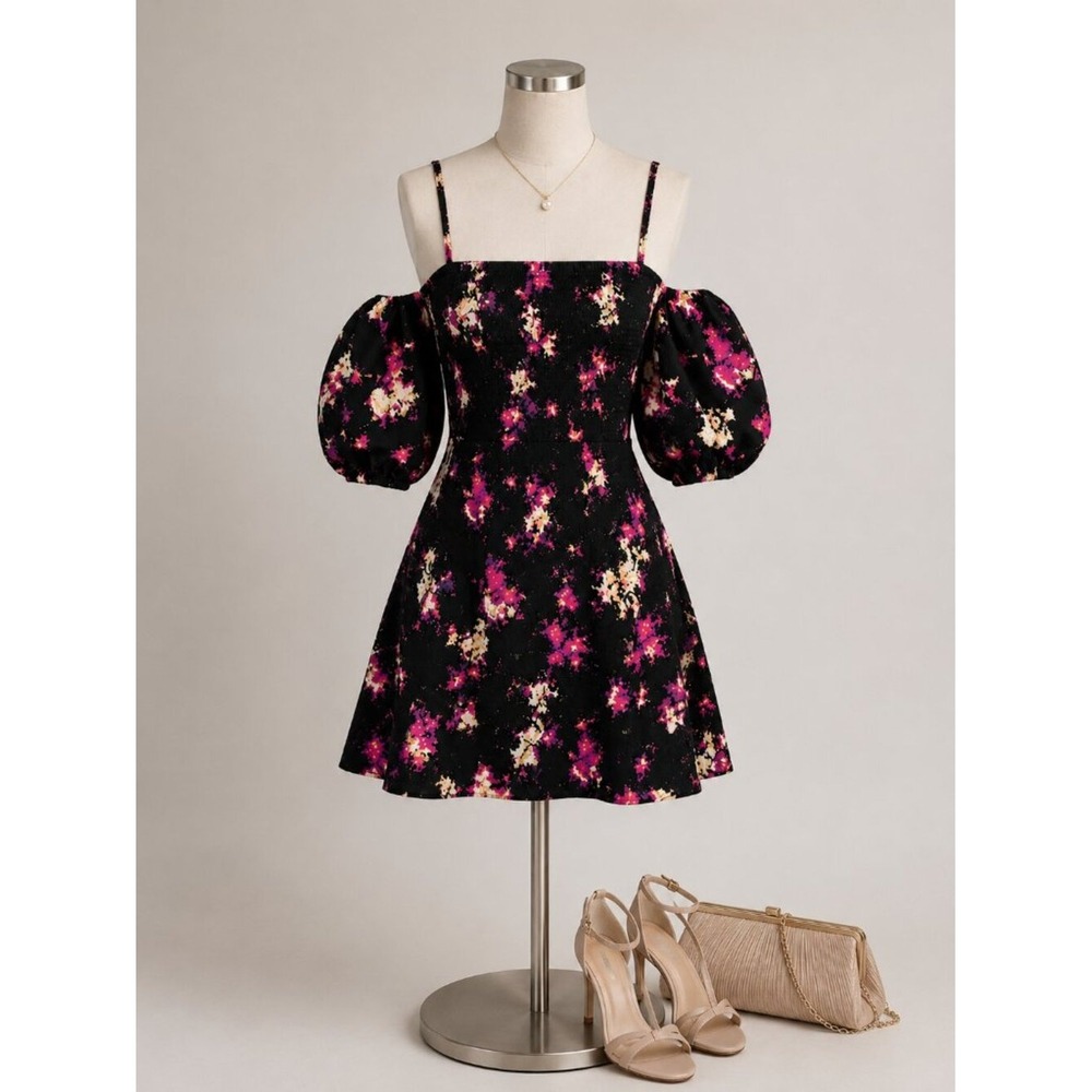DKNY Floral Smocked Off Shoulder Puff Sleeve Mini Dress Black Pink XS P4ABVQDB